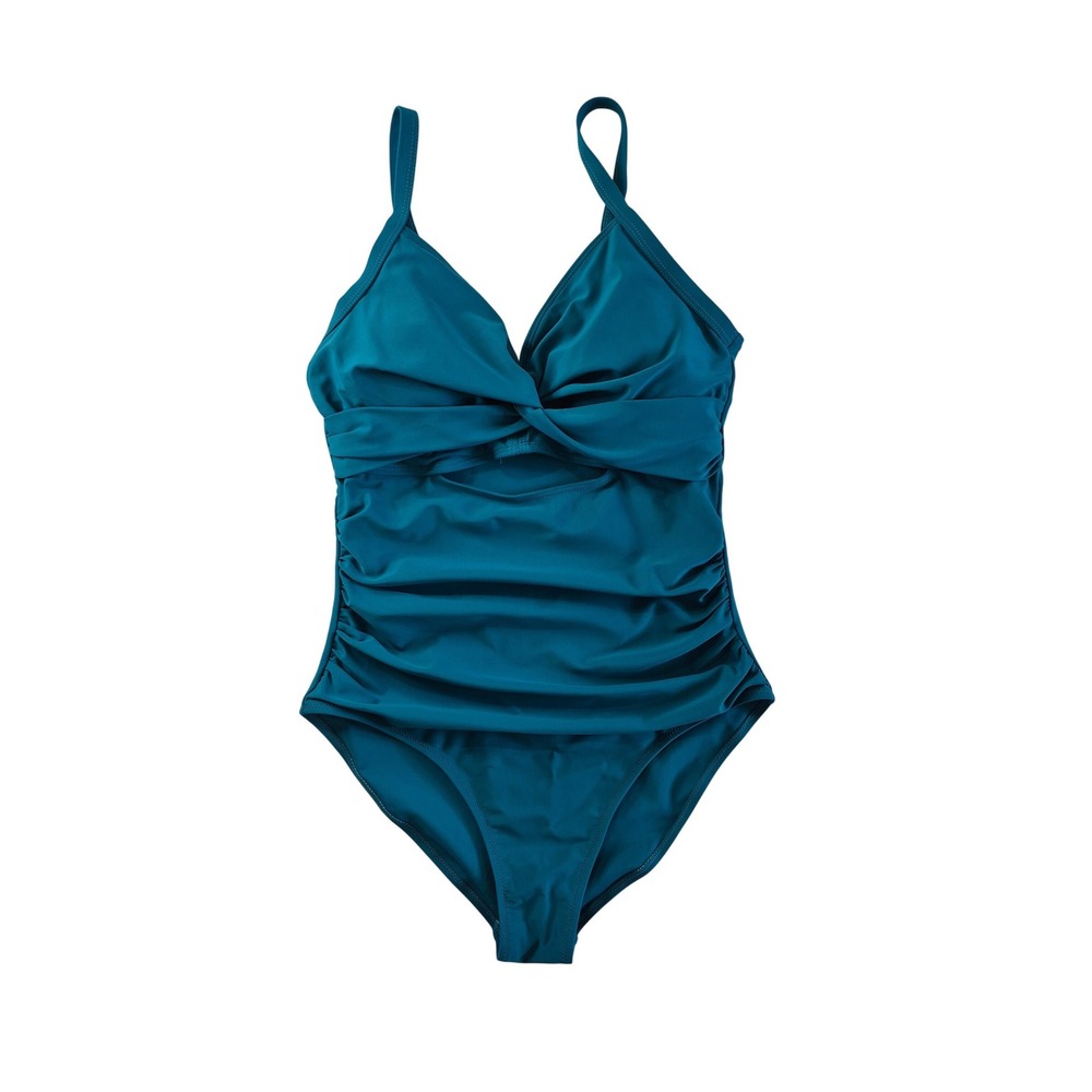 Blooming Jelly Womens Ruched One Piece Swimsuit Teal Blue V-Neck Cutout‎ Size L